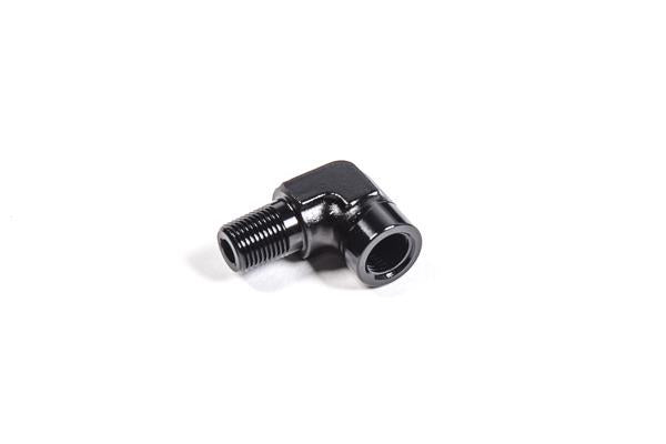 Radium Engineering 1/8 inch NPT male to female 90 degree fitting showing metal fitting with threaded ends.