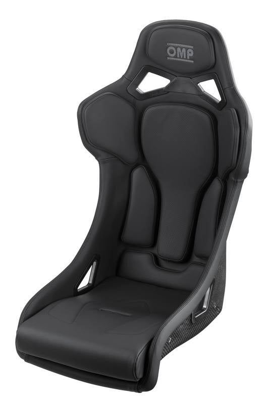 OMP RT Carbon racing seat with leather and Alcantara in black, designed for FIA 8855-1999 compliance, featuring ergonomic support.