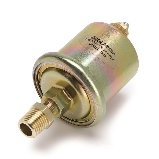 AutoMeter replacement 100psi oil pressure sender for gauges, shown with wiring connections and metal fitting.
