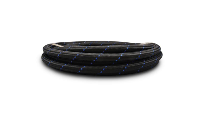 Vibrant -8 AN two-tone black and blue nylon braided flex hose, 5-foot roll, durable automotive fluid transfer hose.