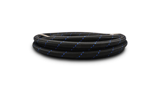 Vibrant 12 AN two-tone black and blue nylon braided flex hose, 5-foot roll, durable automotive fluid transfer hose.