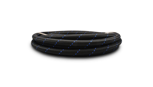 Vibrant 12 AN two-tone black and blue nylon braided flex hose, 5-foot roll, durable automotive fluid transfer hose.