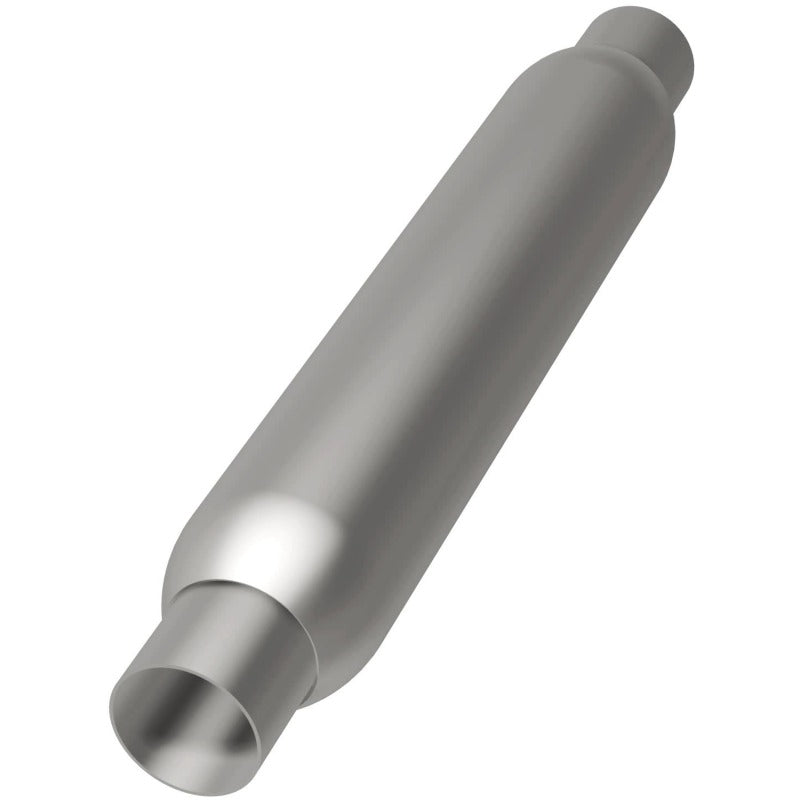 MagnaFlow muffler with 3.5-inch diameter and 18-inch length, featuring dual 2.25-inch inlet and outlet pipes on a vehicle.