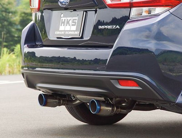 HKS Legamax Premium GT6 catback exhaust system installed on Subaru Impreza Sport FB20, showcasing polished metal pipes and muffler.