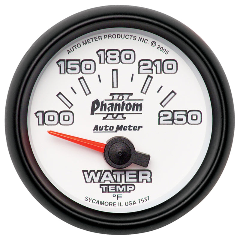 AutoMeter Phantom II 52.4mm water temperature gauge showing temperature range from 100 to 250°F with a black dial.