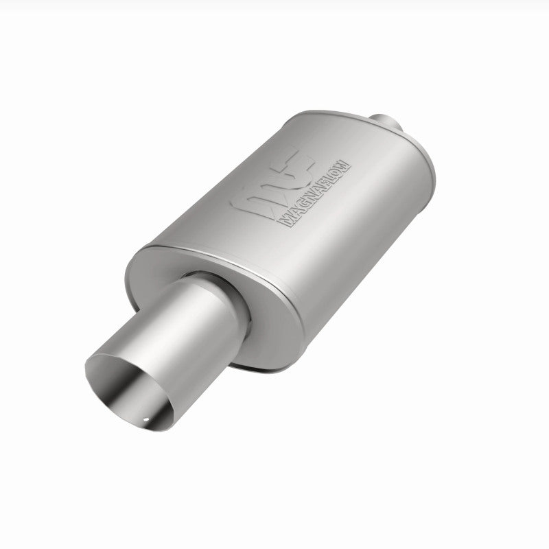 MagnaFlow stainless steel muffler with exhaust tip, 14x5x8 inches, featuring dual 2.25/4-inch inlet and outlet pipes.