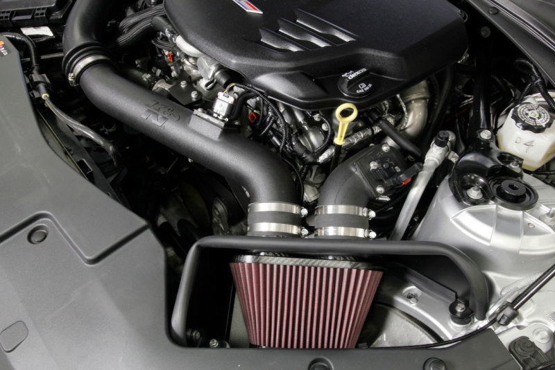 K&N Engineering cold air intake kit for 2016-2017 Cadillac ATS-V 3.6L V6 twin turbo engine, showing the intake components.