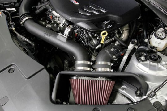 K&N Engineering cold air intake kit for 2016-2017 Cadillac ATS-V 3.6L V6 twin turbo engine, showing the intake components.