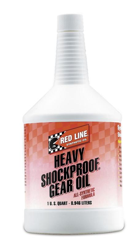 Red Line Heavy ShockProof Gear Oil quart bottle, dark liquid lubricant for gear protection and performance.