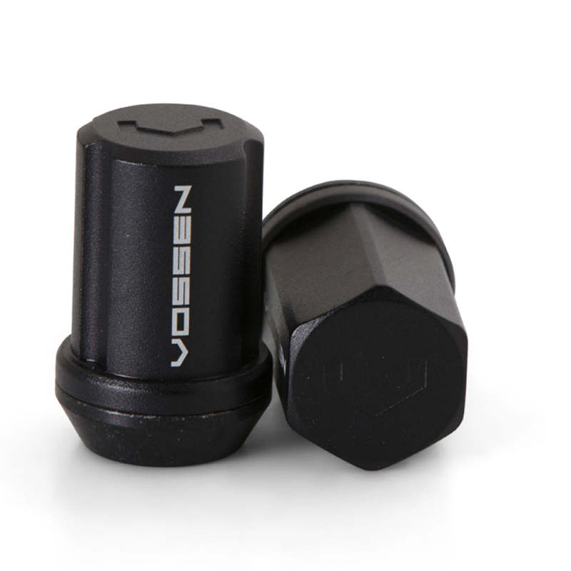 Set of 20 Vossen black 35mm lug nuts with 12x1.5 thread, cone seat, 19mm hex for vehicle wheel installation.