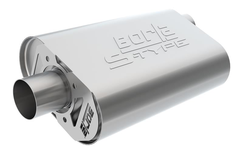 Borla CrateMuffler SBC Hot 350/383 3-inch offset/center oval S-Type muffler with 14x4.35x9 inch dimensions in a metallic finish