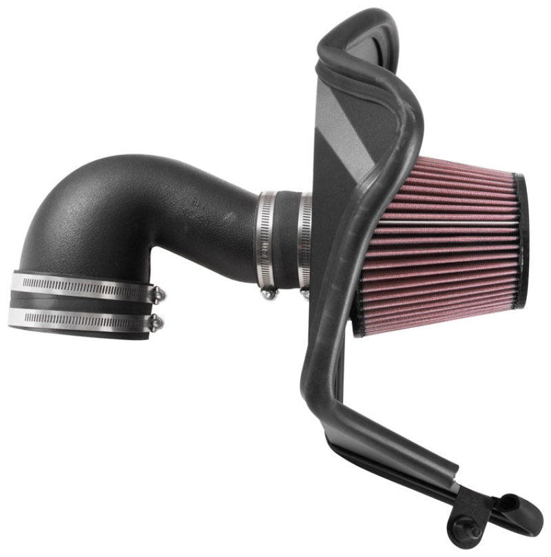 K&N 57 Series FIPK cold air intake kit installed in a 2016-2017 Chevrolet Camaro I4 2.0T engine, showing the air filter and intake tubing.