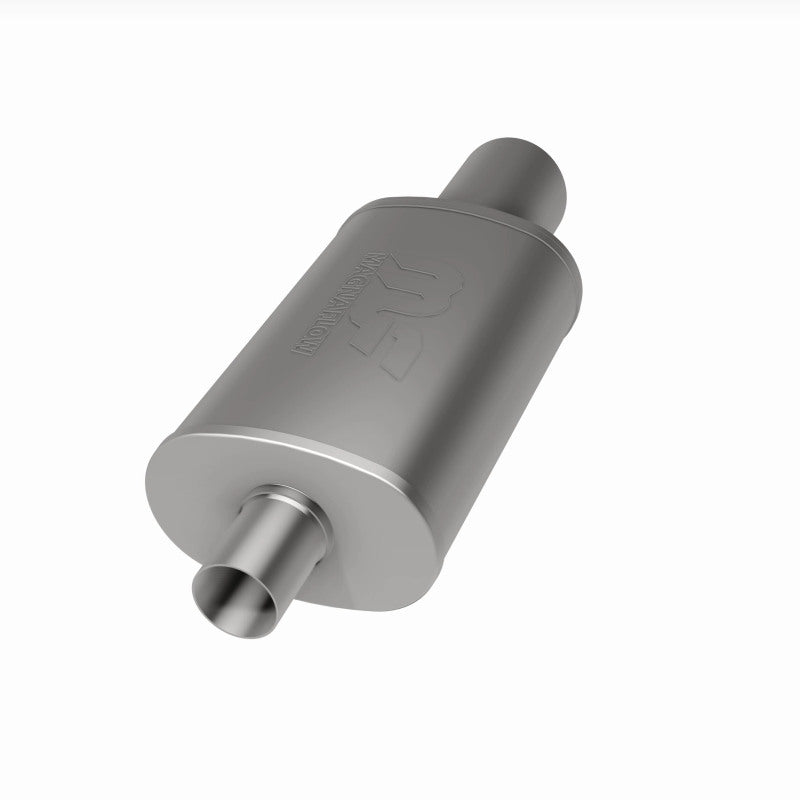 MagnaFlow stainless steel muffler with tip, 14x5x8 inches, featuring dual inlet and outlet pipes, for automotive exhaust systems.