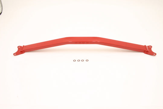 Red BMR Suspension strut tower brace for 2005-2014 S197 Mustang V8 with plenum cover, enhances chassis stability and performance.
