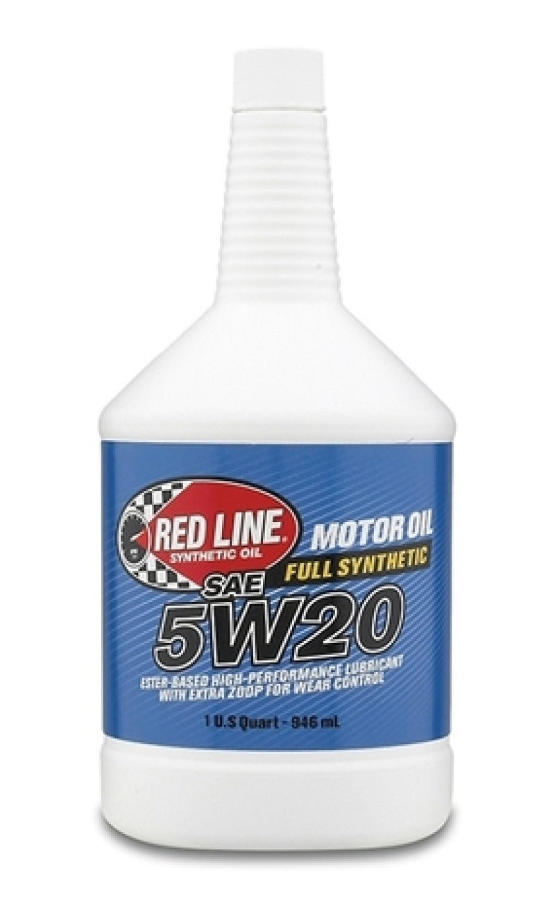 Red Line 5W20 motor oil quart bottle, high-performance engine oil for automotive use, with red and white label and oil container design.
