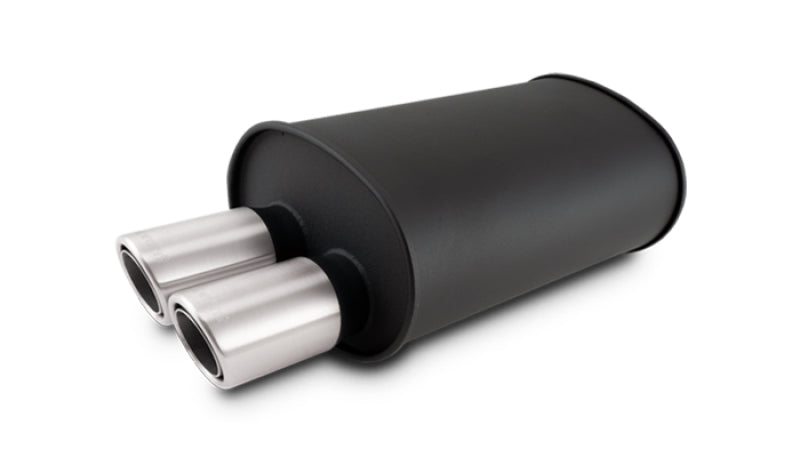 Vibrant STREETPOWER black oval muffler with dual offset tips, 3-inch inlet, 9.5x6.75x15 inches, automotive exhaust part