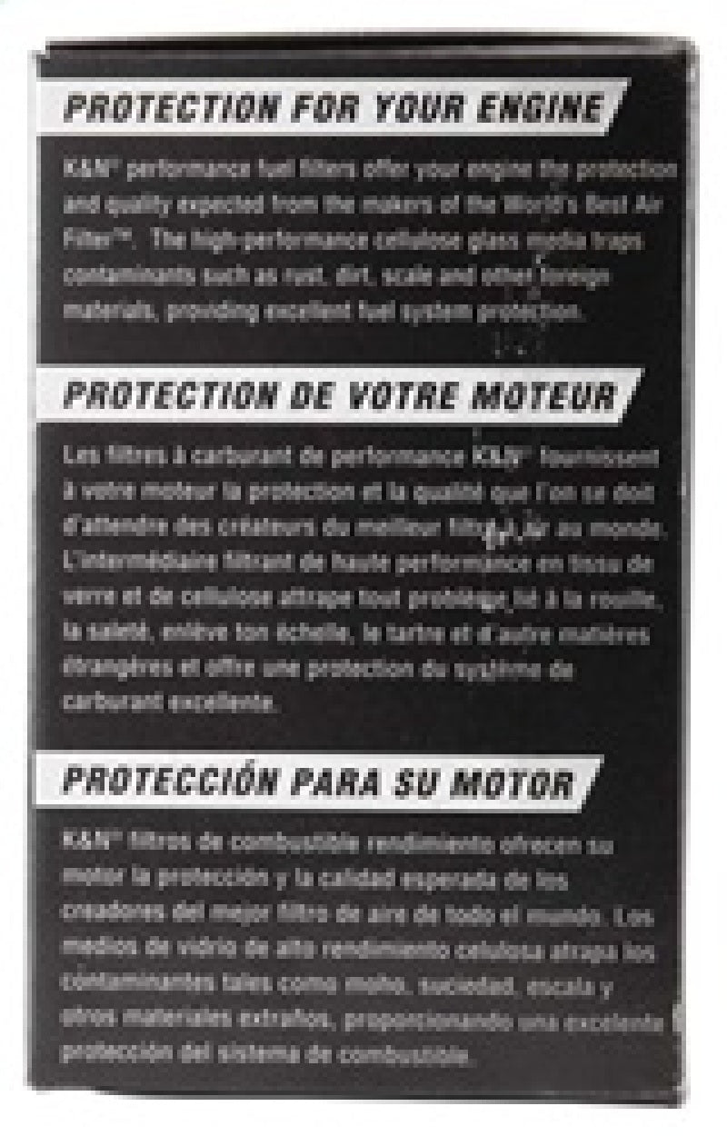 K&N Engineering cellulose media fuel filter with 2.125-inch diameter and 4.281-inch length, showing the filter's design and media inside.