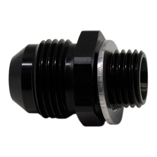 DeatschWerks 8AN male flare to M14 x 1.5 male metric fitting, anodized matte black with included washer, for automotive fluid connections.