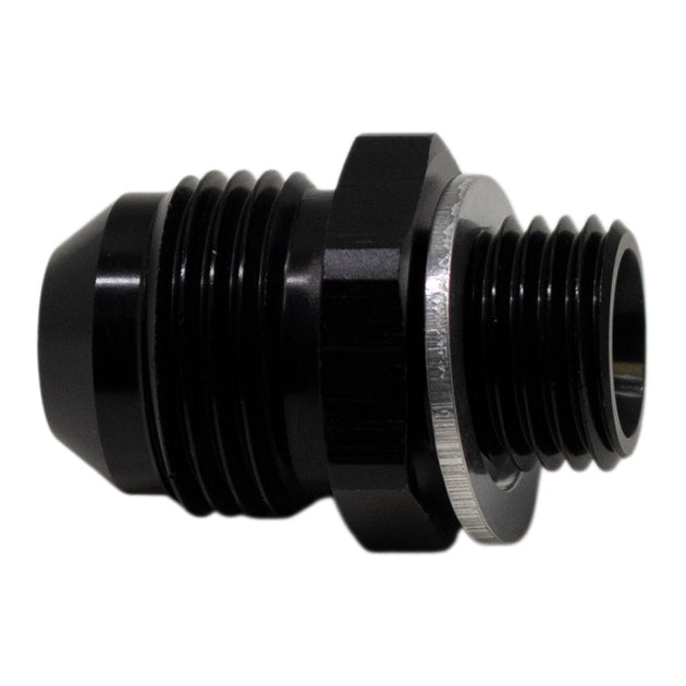 DeatschWerks 8AN male flare to M14 x 1.5 male metric fitting, anodized matte black with included washer, for automotive fluid connections.