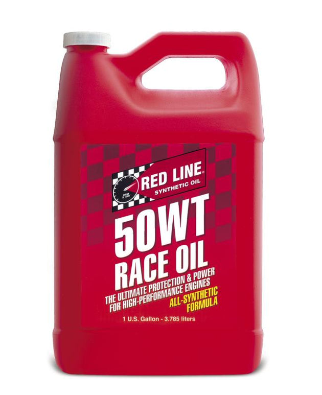 Red Line 50WT Race Oil gallon container with red and black label for high-performance motor oil application