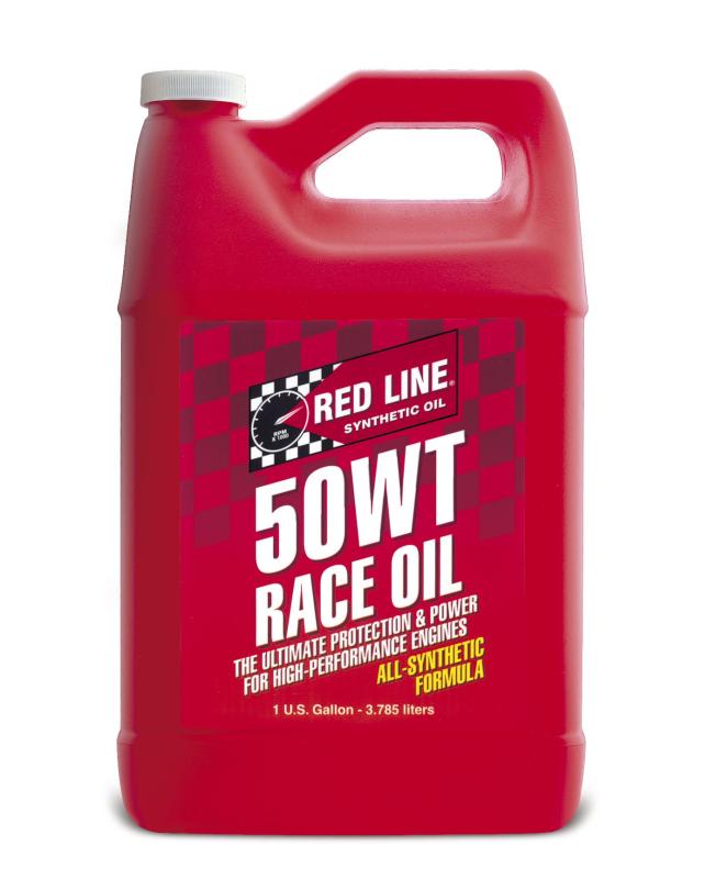 Red Line 50WT Race Oil gallon container with red and black label for high-performance motor oil application