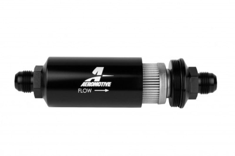 Aeromotive in-line fuel filter with AN-10 fitting, 100-micron stainless steel element, black anodized finish for automotive use.
