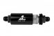 Aeromotive in-line fuel filter with AN-10 fitting, 100-micron stainless steel element, black anodized finish for automotive use.