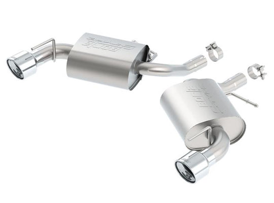 Borla axle back exhaust system for 2016 Chevy Camaro 2.0L Turbo, rear section with polished tips and dual exhaust outlets.