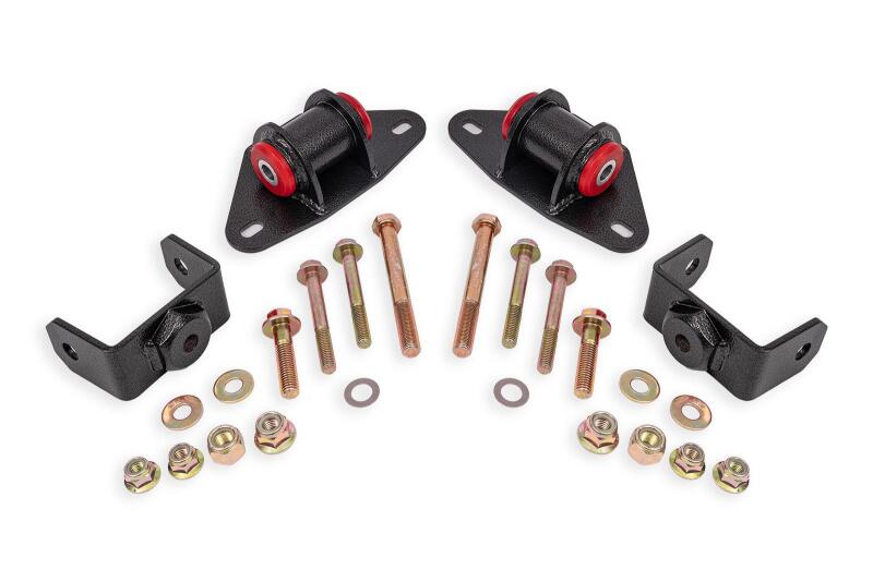 Black hammertone BMR Suspension engine motor mount kit for 2014-2019 Chevrolet Corvette, showing close-up of mounts and mounting hardware.