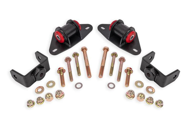 Black hammertone BMR Suspension engine motor mount kit for 2014-2019 Chevrolet Corvette, showing close-up of mounts and mounting hardware.