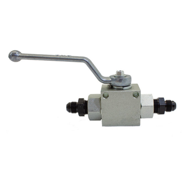 Nitrous Express remote shutoff valve with 6AN male inlet and outlet for nitrous oxide systems, durable metal construction.