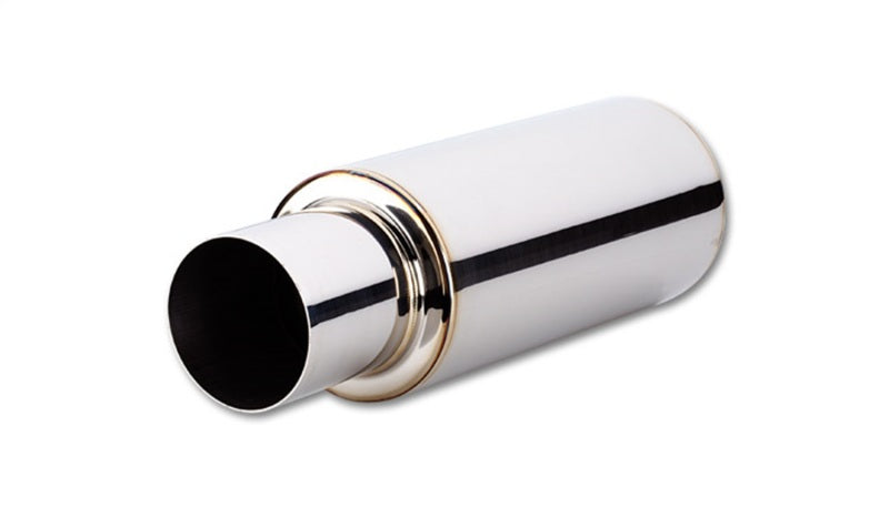 Vibrant TPV round muffler with 23-inch length, 4-inch round tip, straight cut, 2.5-inch inlet diameter, automotive exhaust part
