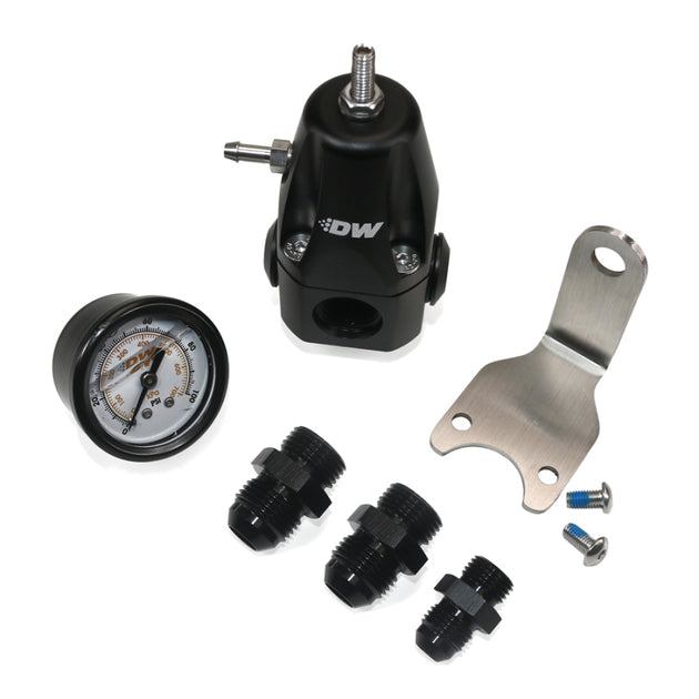 DeatschWerks DWR1000 fuel pressure regulator with pressure gauge, 8AN and 6AN fittings, anodized black finish.