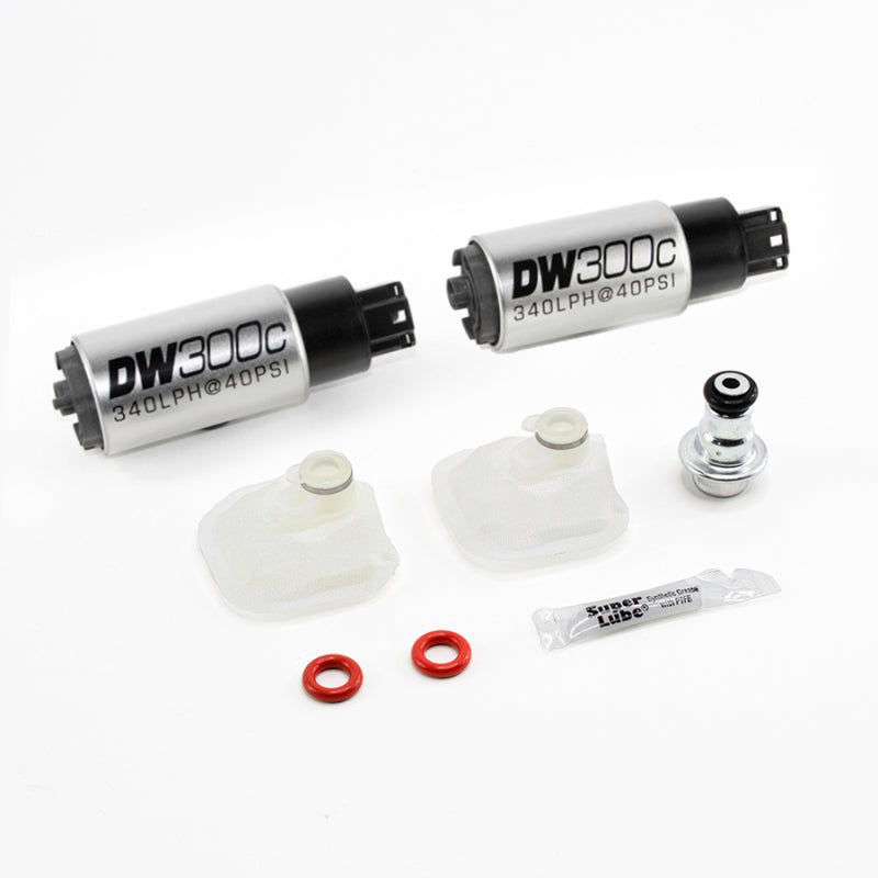 DeatschWerks DW300c in-tank fuel pumps for Cadillac CTS-V 2009-2015, with installation kit and wiring components.