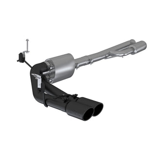 MBRP catback exhaust system for 2019+ Chevrolet Silverado 1500, dual side exit with black-coated 4-inch OD tips, fits 4.5L/5.3L engines.