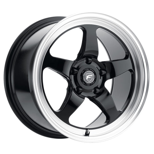 Forgestar D5 Drag 18x5.0 gloss black cast wheel with 5x115 bolt pattern, ET-37 offset, 1.5-inch backspacing, shown on a vehicle