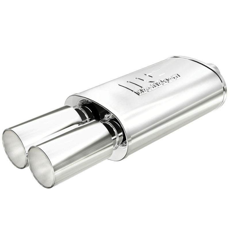 MagnaFlow stainless steel muffler with tip, 14x5x8 inches, featuring 2.25/3 inch inlet and outlet pipes for vehicle exhaust.