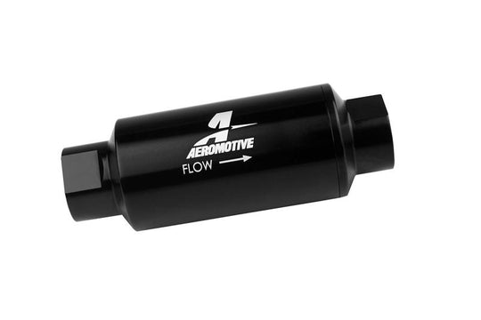 Aeromotive in-line fuel filter with stainless mesh element, black finish, 2-inch diameter, ORB-10 port, for automotive fuel systems.