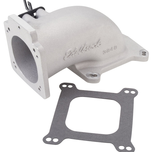 Edelbrock low profile intake elbow with 90mm throttle body to square-bore flange, in as-cast finish for performance engines.