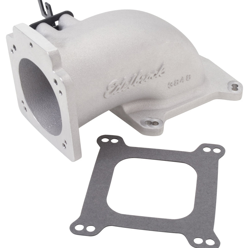 Edelbrock low profile intake elbow with 90mm throttle body to square-bore flange, in as-cast finish for performance engines.