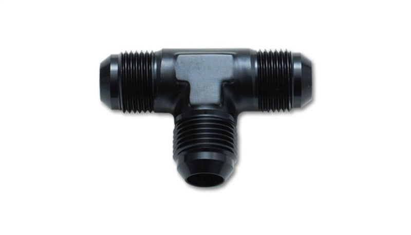 Vibrant aluminum -4AN flare tee adapter fitting, showcasing the bright orange anodized finish and threaded ports for fluid connection.