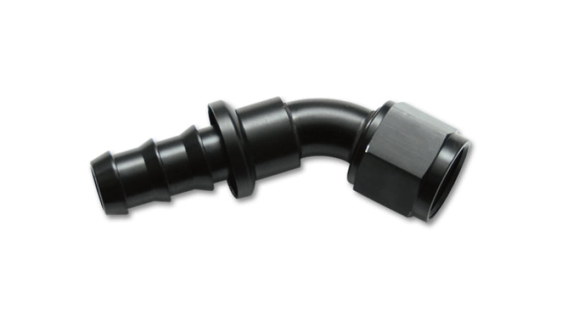 Vibrant -12AN push-on 45-degree aluminum hose end fitting with a vibrant finish for high-performance automotive or fluid connections.