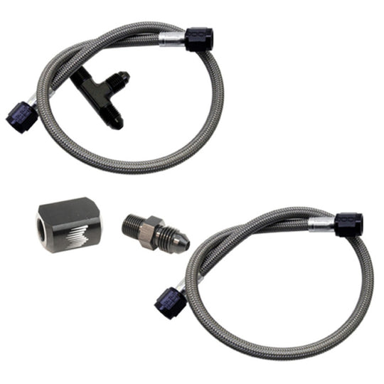 Snow Performance water dual nozzle upgrade with SS braided line for injection pump components, designed for 4AN SS braided line kits.