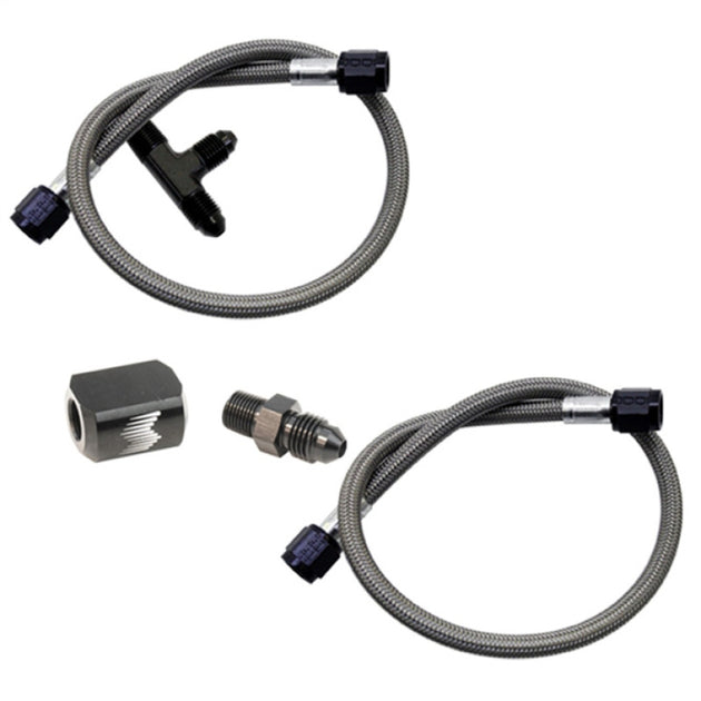 Snow Performance water dual nozzle upgrade with SS braided line for injection pump components, designed for 4AN SS braided line kits.