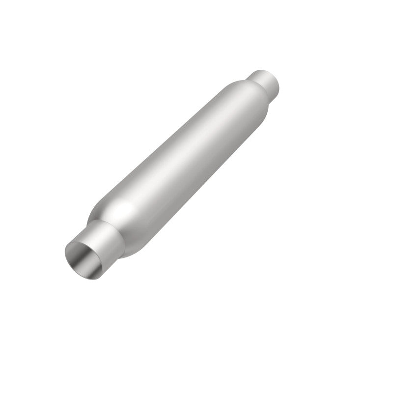 MagnaFlow muffler with 3.5-inch diameter and 18-inch length, featuring dual 2.25-inch inlet and outlet pipes, for vehicle exhaust.