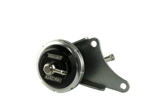 Turbosmart IWG75 GTX28R black internal wastegate actuator attached to turbocharger for precise boost control.