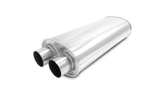 Vibrant Streetpower Oval Muffler with 2.50-inch dual inlet/outlet and 18-inch body length for performance exhaust systems.