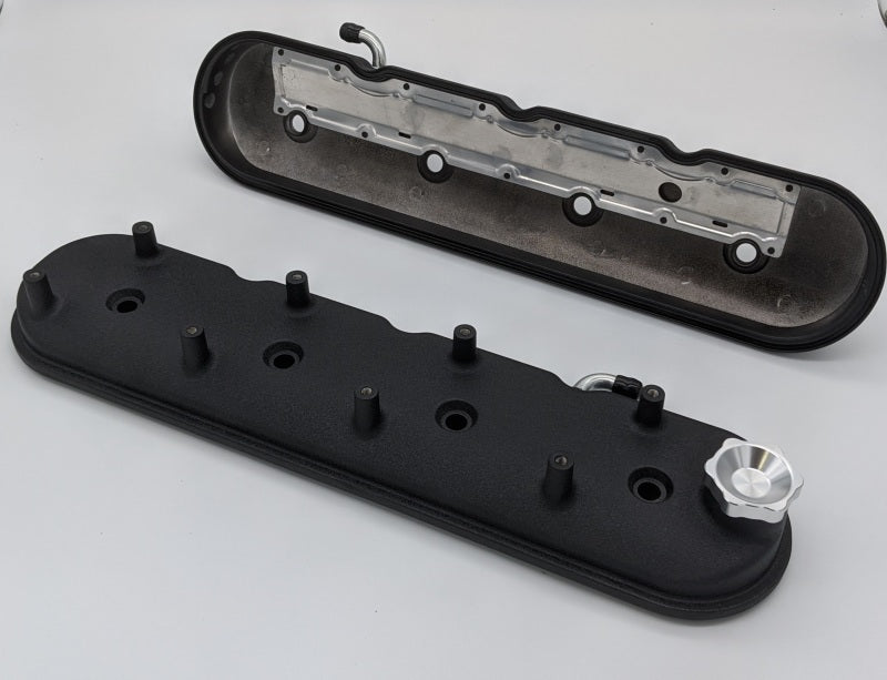 Pair of Granatelli Motor Sports black wrinkle finish GM LS standard height valve covers with angled coil mounts, designed for V8 engines.