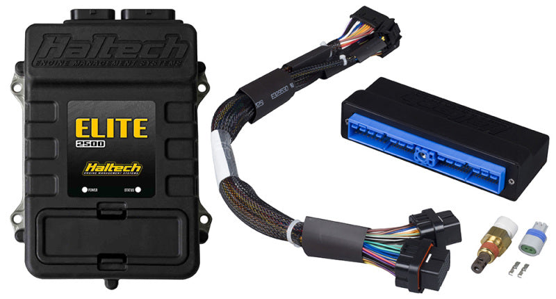 Haltech Elite 2500 Adaptor Harness ECU Kit for programmers and tuners, featuring detailed wiring and connection components.