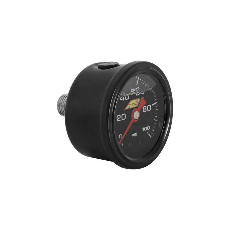 AEM 0-100 PSI liquid filled mechanical pressure gauge with 1/8 NPT connection, showing a dial with pressure readings.